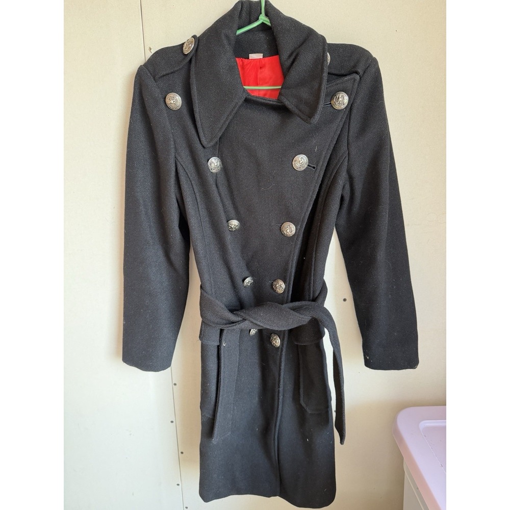 Vintage 60s Valor Black Wool Military Trench Coat Red Lining Mod Women's 9/10